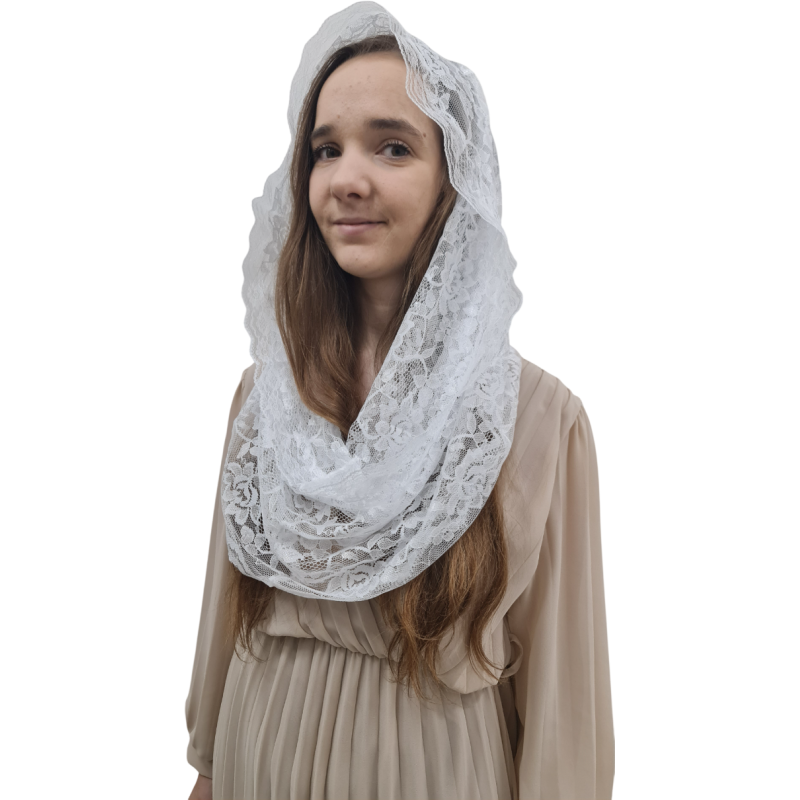 Mantylka Biała Komin Infinity – Wygodne Tradycyjne Katolickie Koronkowe Nakrycie Głowy