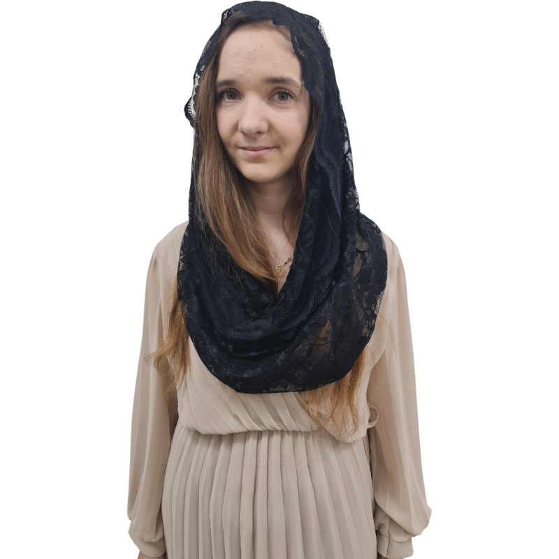 Mantylka Czarna Komin – Stabilna Tradycyjna Katolicka Chusta Koronkowa w Formie Pętli