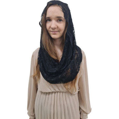 Mantylka Czarna Komin – Stabilna Tradycyjna Katolicka Chusta Koronkowa w Formie Pętli