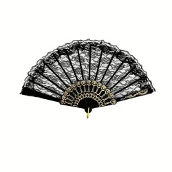 Czarny Wachlarz Koronkowy ze Złoceniem Elegancja do Mantylki