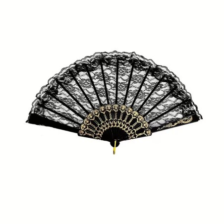 Czarny Wachlarz Koronkowy ze Złoceniem Elegancja do Mantylki